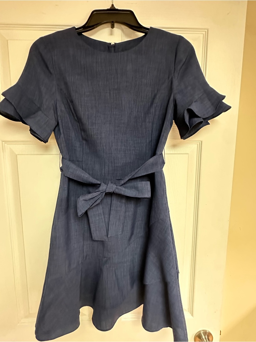 Tie-Waist Midi Dress with Ruffle Sleeves - Navy